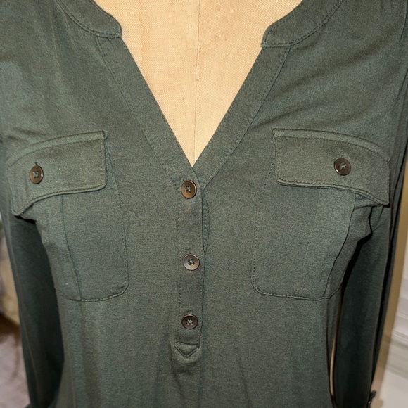 A New Day V-Neck Henley Top M with Long, Roll-Tab Sleeves - Olive Green - Picture 2 of 5